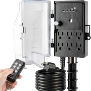 SURAIELEC Outdoor Power Stake Timer Waterproof, 100FT Wireless Remote Control, Photocell Dusk to Dawn Timer, 6 Grounded Plug Outlets, 6FT Extension Cord, for Halloween Decoration, Lights, Garden-0