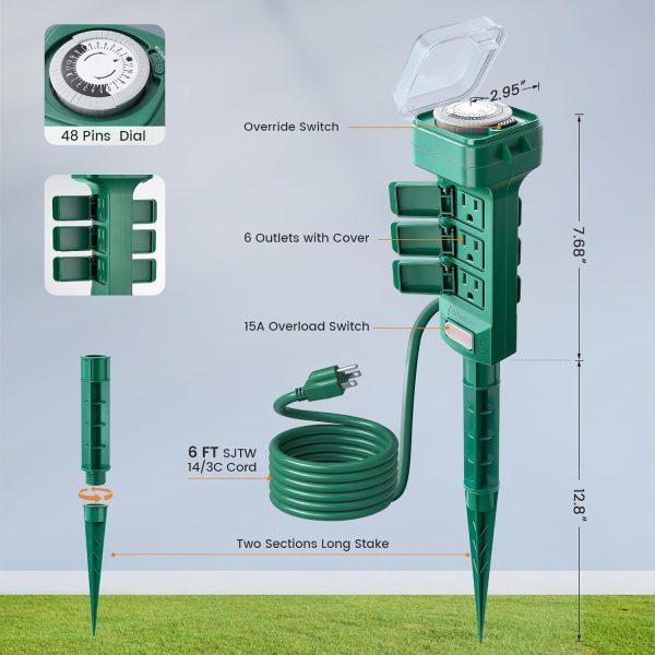 Outdoor Power Stake Timer SURAIELEC 6FT Black Weatherproof Timer-6