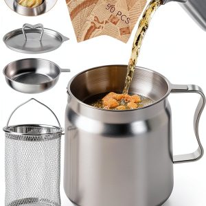 2L Oil Filter Pot Bacon Grease Saver with Strainer, 68oz Steel Pour-0