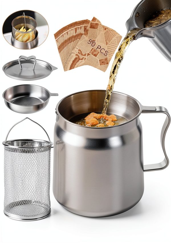 2L Oil Filter Pot Bacon Grease Saver with Strainer, 68oz Steel Pour-0